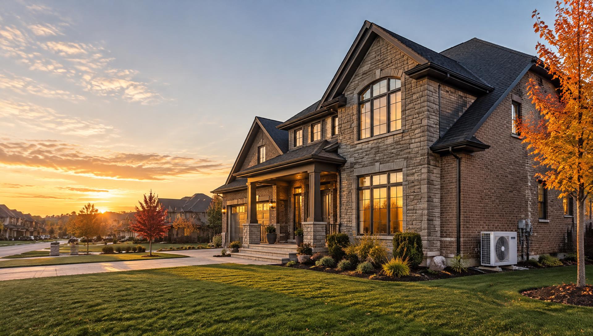 Detached Ontario home with a modern outdoor heat pump installed beside the house