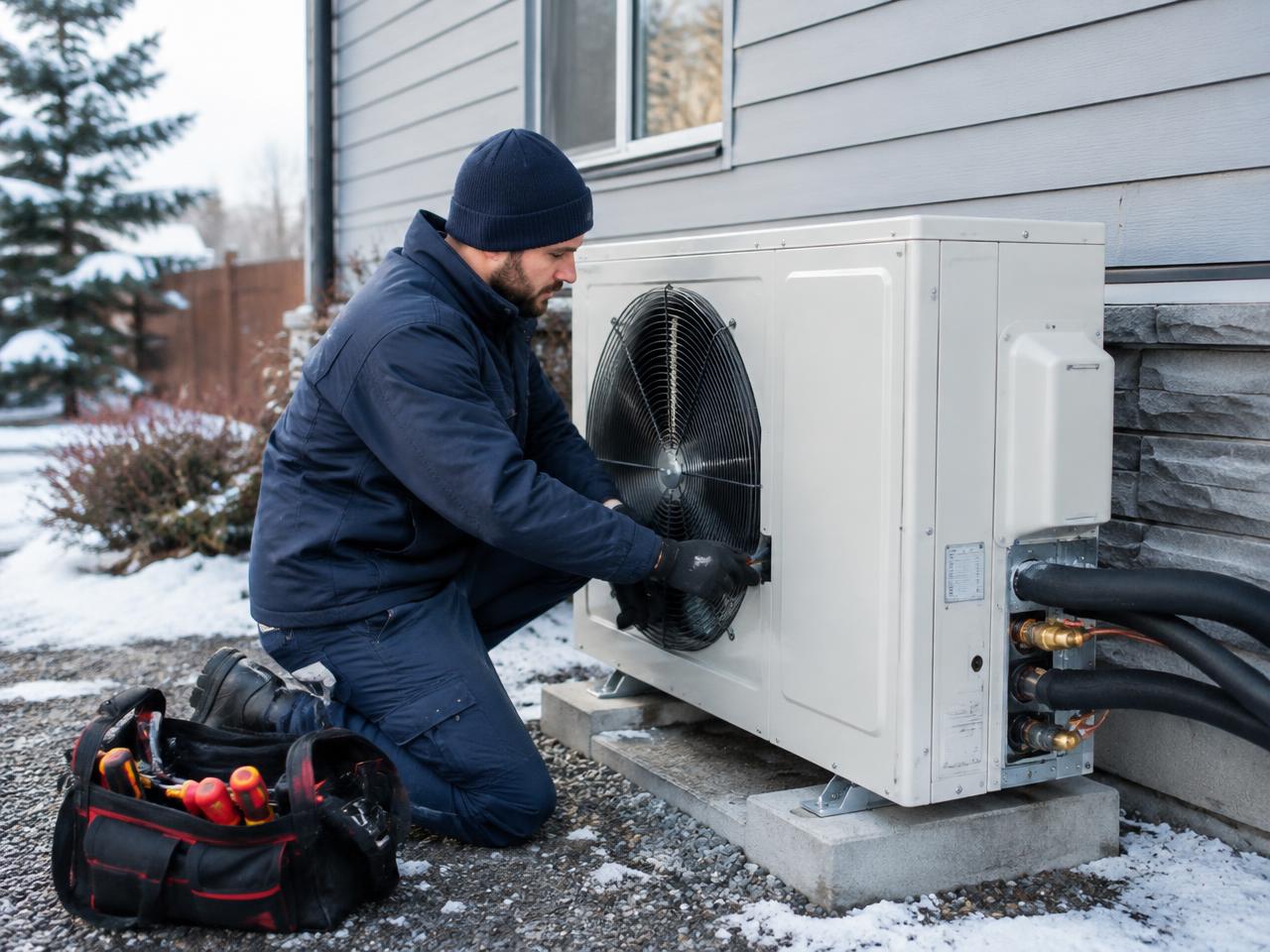 HVAC professional installing an outdoor heat pump unit beside a home